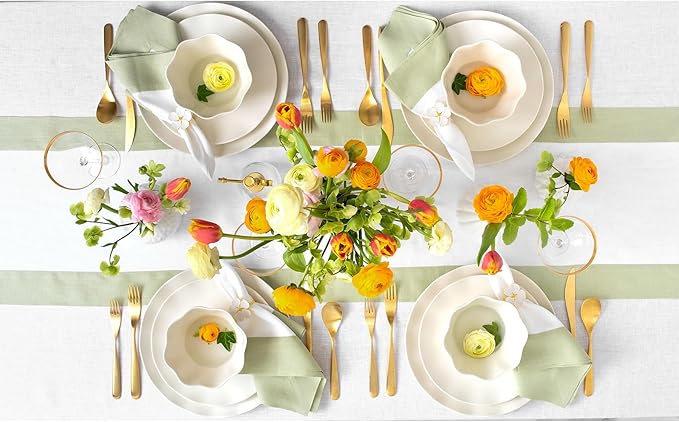 Solino Home Linen Table Runner 108 Inches Long - 100% Pure Linen Sage Green and White Dining Table Runner 14 x 108 Inch for Christmas, Winter, New Year - Contempo