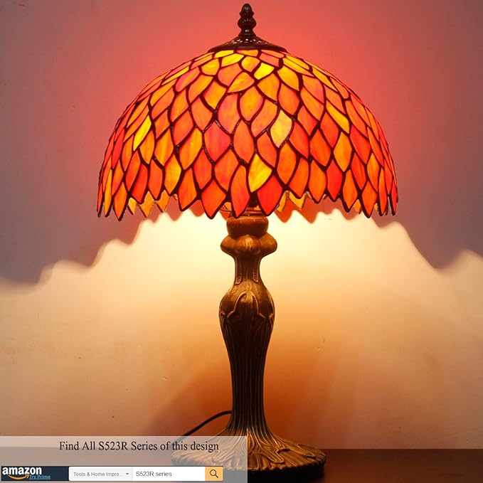 WERFACTORY Tiffany Lamp Stained Glass Table Lamp Red Wisteria Style Desk Bedside Reading Light 12X12X18 Inches Deco Bedroom Living Room Home Office S523R Series (A)