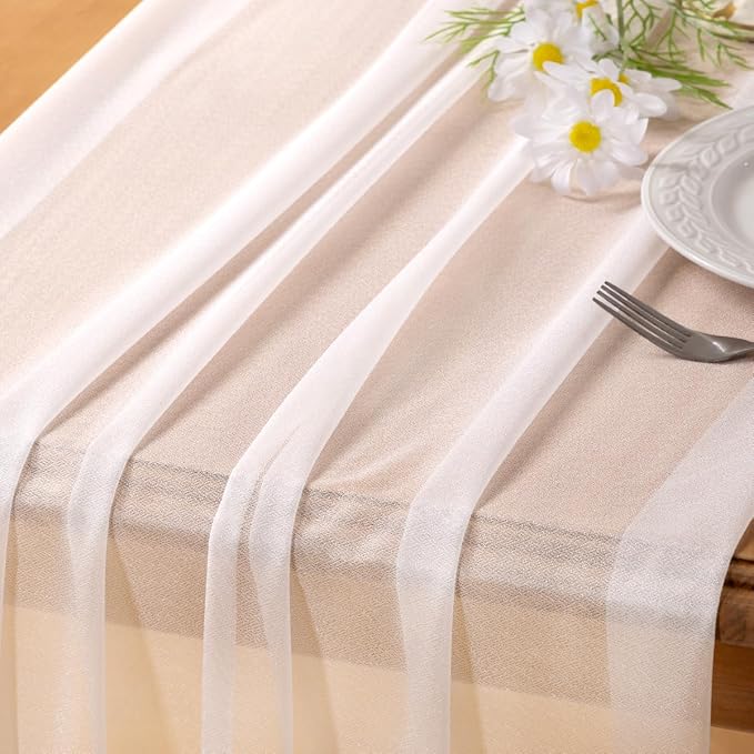 Socomi 10pcs White Gauze Table Runner Chiffon Like Wedding Table Runner 120 inches Long Boho Rustic for Bridal Shower Decorations Baby Shower