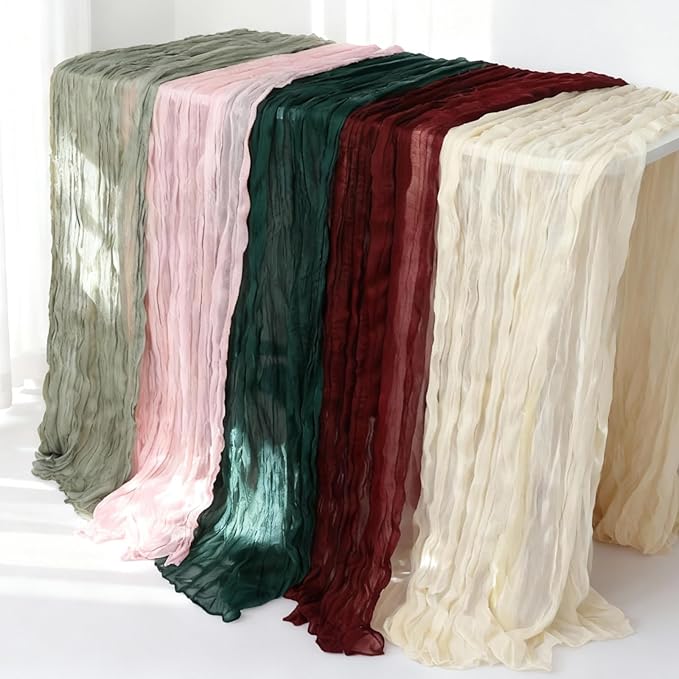 3 Pcs 35"×120" Light Pink Cheesecloth Table Runner, Cute Pleated Boho Gauze Rustic Sheer Translucent Runner, Table Decorations for Valentine Wedding Baby Shower Birthday Holiday Home Decor