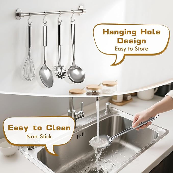 13 Pcs Stainless Steel Cooking Utensils Set, Heat Resistant Metal Kitchen Tools Include Utensil Holder, Solid & Slotted Spatula, Spoon, Ladle, Pasta Server,Potato Maseher, Egg Whisk, Meat Fork, Silver
