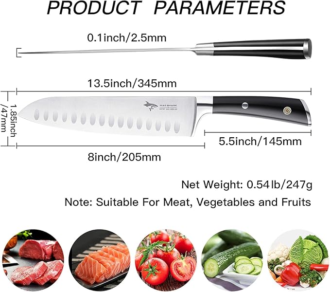 MAD SHARK Kitchen Knife, Chef's Santoku Knife 8-inch, German High Carbon Stainless Steel Chef Knife, Super Sharp Multipurpose Chopping Knife for Meat Vegetable Fruit with Ergonomic Handle & Gift Box