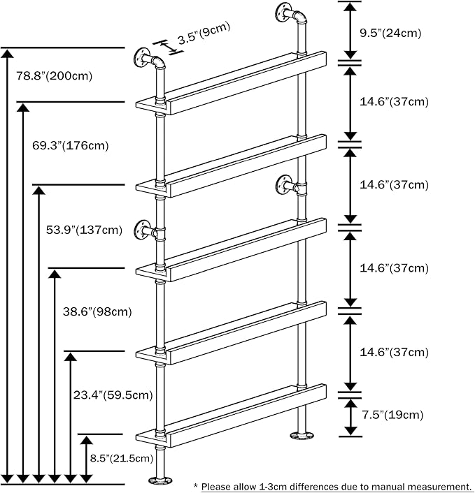 Industrial Wine Rack Wall Mounted, Industrial Pipe Bar Shelf for Wine Display, 5-Tier Rustic Hanging Organizer for Wine Bottle Storage in Kitchen, Bar, Pub, Cellar(Walnut Brown, 36 Inch)