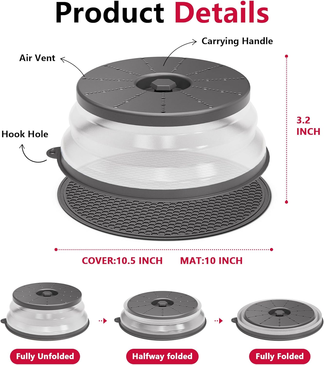 WVM Microwave Splatter Cover & Mat, Vented Collapsible Splatter Guard dish Plate lid & Silicone Round Kitchen Mat for Food, Meal Prep, Dark Grey
