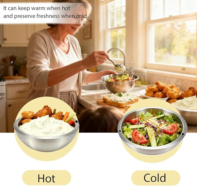 Dip Chiller Bowl Large 70oz Capacity Stainless Steel Double Walled Insulated Ice Serving Bowl Insulated Dip ice bowl Parties Salsa Condiments Salad & Food Hot or Cold Sauces Guacamole