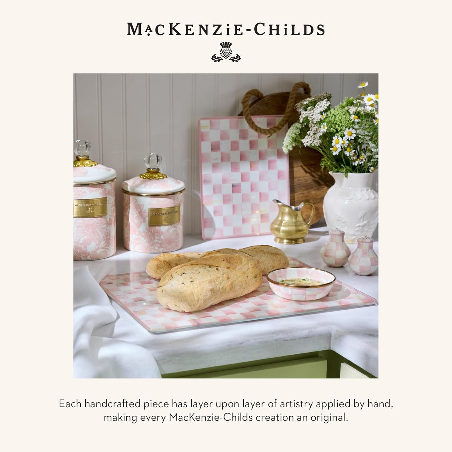 MACKENZIE-CHILDS Enamel Relish Dish, Small Serving Bowl for Entertaining, Pink-and-White Rosy Check