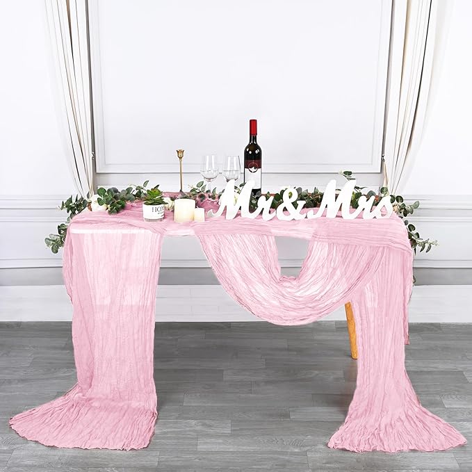 12 Pack 10Ft Light Pink Cheesecloth Table Runner 35 x 120 inch Boho Gauze Cheese Cloth Table Runner Vintage Rustic Sheer Runners for Wedding Bridal Shower Birthday Party Cake Table Decorations