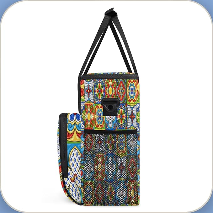 Ethnic Mexican Colorful Flowers Plaid Coffee Maker Carrying Bag, Coffee Machine Travel Storage Tote Bag Compatible with K-Mini or K-Mini Plus, Portable Single Serve Coffee Brewer Case with Pockets