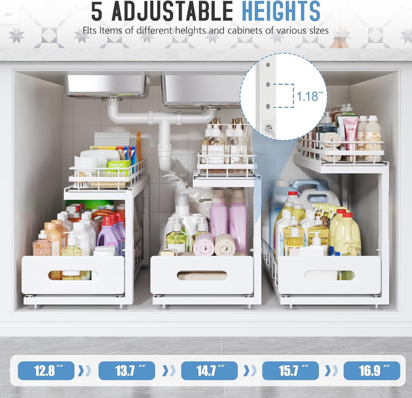 2 Pack Under Sink Organizer with Smooth Ball Bearing Slides, 2-Tier Pull Out Cabinet Storage, Slide Out Drawers for Bathroom and Kitchen, Under Sink Shelf, Rust-resistant Coating, Height Adjustable
