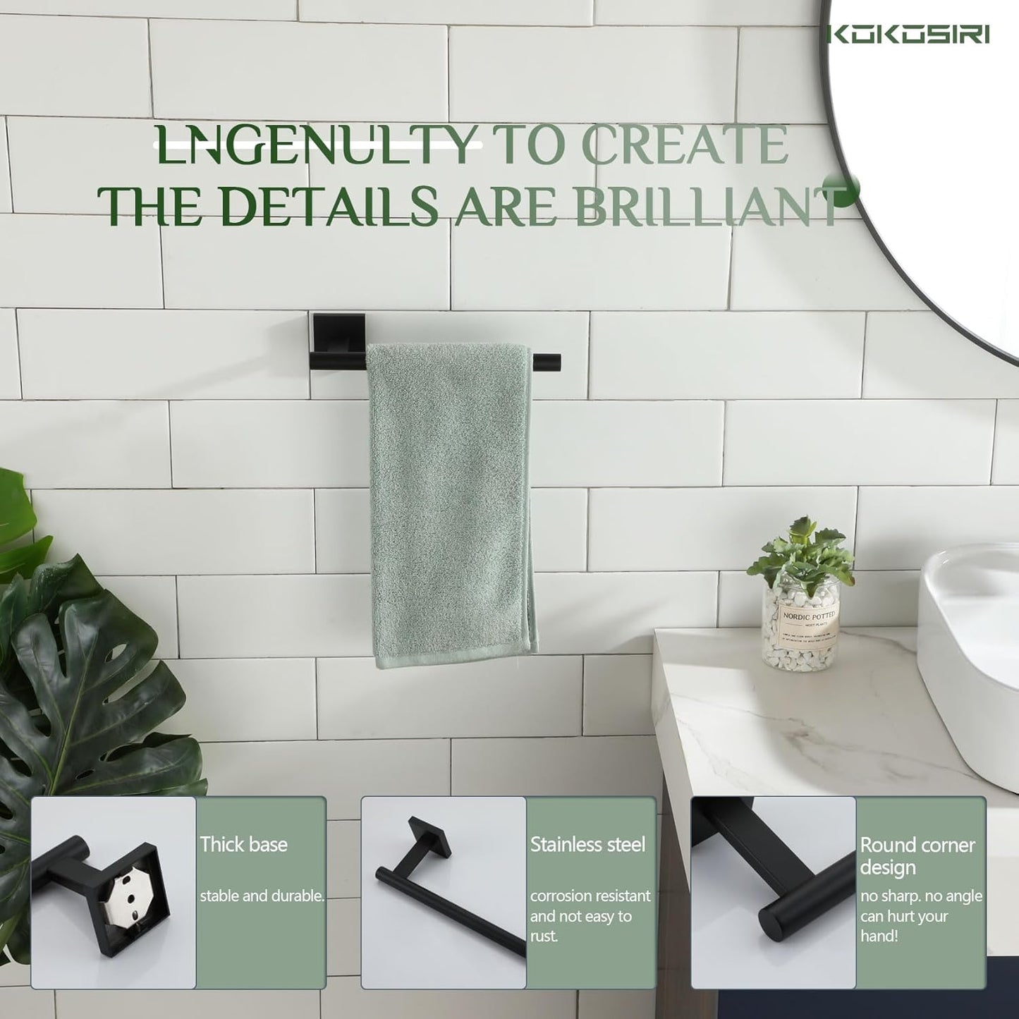 KOKOSIRI Towel Bar Matte Black Bathroom Hardware Hand Towel Rails, Suitable for Wall Mounted Towel Holder Screw in 2 Pack, Stainless Steel B3008BK-P2