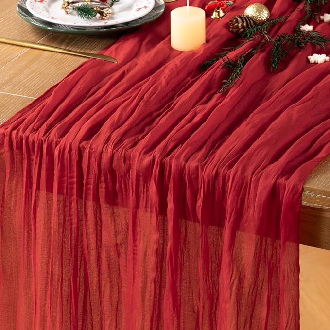 Red Cheesecloth Table Runner Christmas Table Runner Boho Gauze 120 Inches Red Cheese Cloth Table Decor for Xmas Holiday Season Parties Weddings Bridal Baby Shower Candlelight Dinner