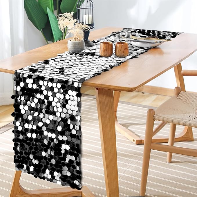 12 x 108 Inch Black Sequin Table Runner Glitter Rectangle Big Sequin Table Runner for Wedding Party Birthday Christmas Halloween Decoration (1 Pack)