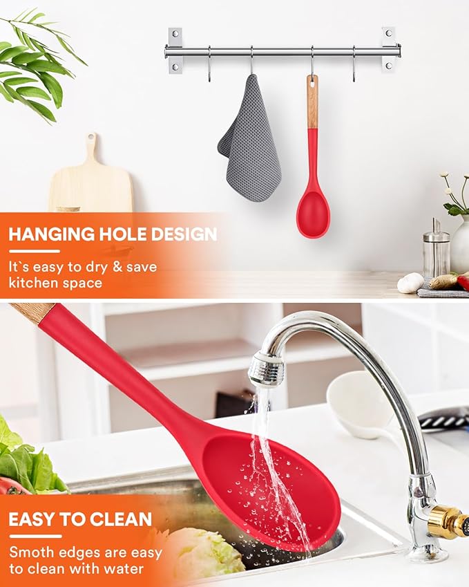 Large Silicone Cooking Spoons, Nonstick Solid Wooden Handle Spoon, Heat Resistan Silicone Kitchen Spoons for Cooking, Serving, Basting, Mixing, 13.2inch (RED)