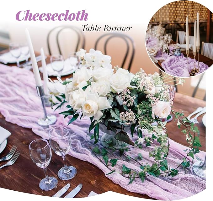 Aktor 12 Pack Lavender Cheesecloth Table Runner 10Ft Gauze Table Runner Boho Semi Sheer Cheese Cloth Fabric Runners for Wedding Birthday Baby Shower Party Table Decoration(Lavender)