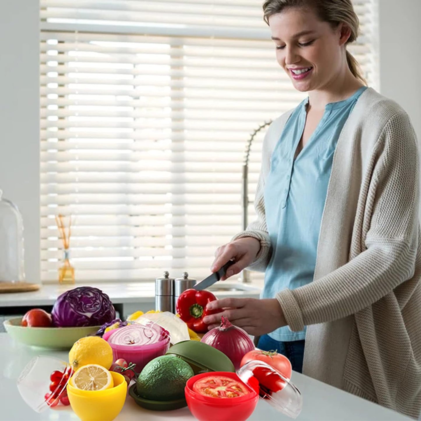 Vegetable and Fruit Storage Containers for Fridge, 4 Pcs BPA Free Reusable Food Saver - Tomato, Avocado, Onion, Lemon Keeper Holder - Refrigerator Vegetable Crisper for Keeping Food Fresh Longer