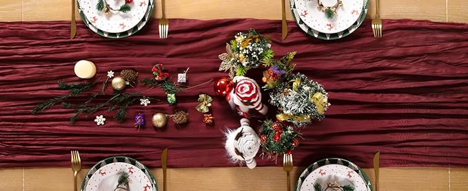 Burgundy Red Cheesecloth Table Runner 4 Pack Christmas Red Table Runners Boho Gauze 120 Inches Cheese Cloth Table Decor for Xmas Holiday Season Parties Weddings Candlelight Dinner