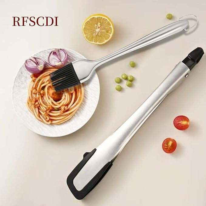 Heat-Resistant Kitchen Tongs and Basting Brush Set - 600℉ Stainless Steel Cooking Tongs with Metal Locking Mechanism - Ideal for Cooking, Grilling Steak, Baking Bread, and BBQ,(Silver 2Pcs)