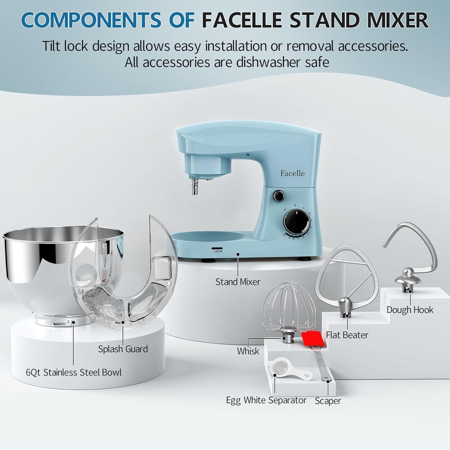Facelle Stand Mixer, 10-Speed 6QT Kitchen Electric Mixer, Tilt-Head Food Mixer with Beater, Dough Hook, Wire Whip and Egg Separator, scraper for Most Home Cooks - Blue