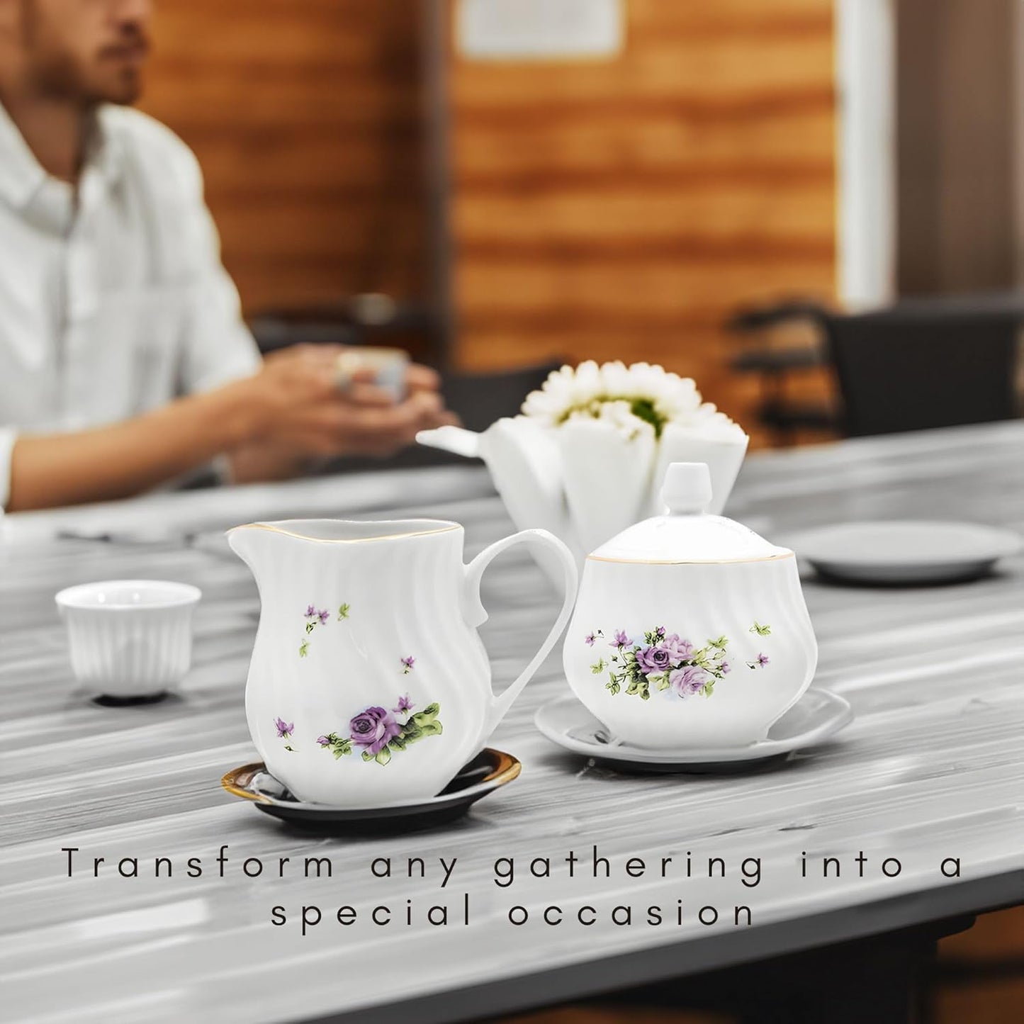 Sugar and Creamer Set - Porcelain Sugar and Creamer Floral Vintage Tea Set with Gold Trims & Embossed Swirls - Exquisite Fine China Tea Set for Parties & Celebrations - Lucinda Set by Lynns
