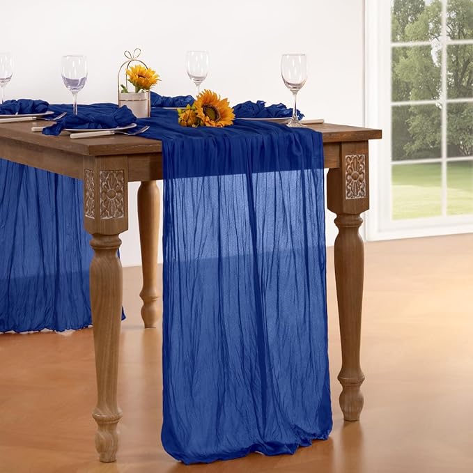 Royal Blue Cheesecloth Table Runner Blue 4 Pack Christmas Table Runnerss Boho Gauze 120 Inches Table Decor for Xmas Holiday Season Parties Weddings Bridal Baby Shower Birthday Parties Decor