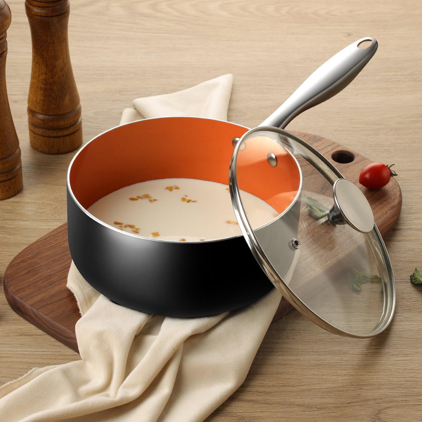 MICHELANGELO 1 Quart Saucepan with Lid, Ultra Nonstick Ceramic Sauce Pan with Lid, Small Pot with Lid, 1 Quart Saucepan Nonstick, Small Sauce Pot, Copper