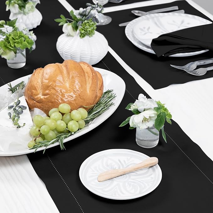 Solino Home Linen Black Table Runner 108 Inches Long - 100% Pure Linen 14 x 108 Inch Table Runner for Winter, Christmas, Holiday, New Year - Classic Hemstitch
