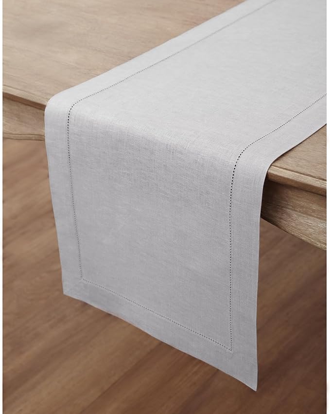 Solino Home Linen Soft Grey Table Runner 120 Inches Long - 100% Pure Linen Hemstitch 14 x 120 Inch Table Runner for Dining, Christmas, New Year - Classic Hemstitch