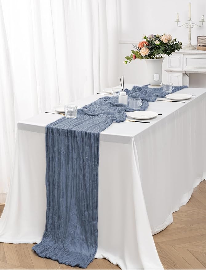 12 Pack Dusty Blue Table Runner 10FT Cheesecloth Table Runner 21 x 120 inch Boho Gauze Cheese Cloth Table Runner Rustic Sheer Table Runner for Party Wedding Bridal Baby Shower Birthday Table Decor
