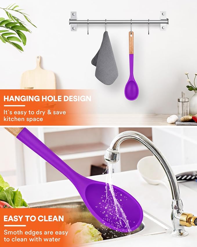 Large Silicone Cooking Spoons, Nonstick Solid Wooden Handle Spoon, Heat Resistan Silicone Kitchen Spoons for Cooking, Serving, Basting, Mixing, 13.2inch (BERRY)