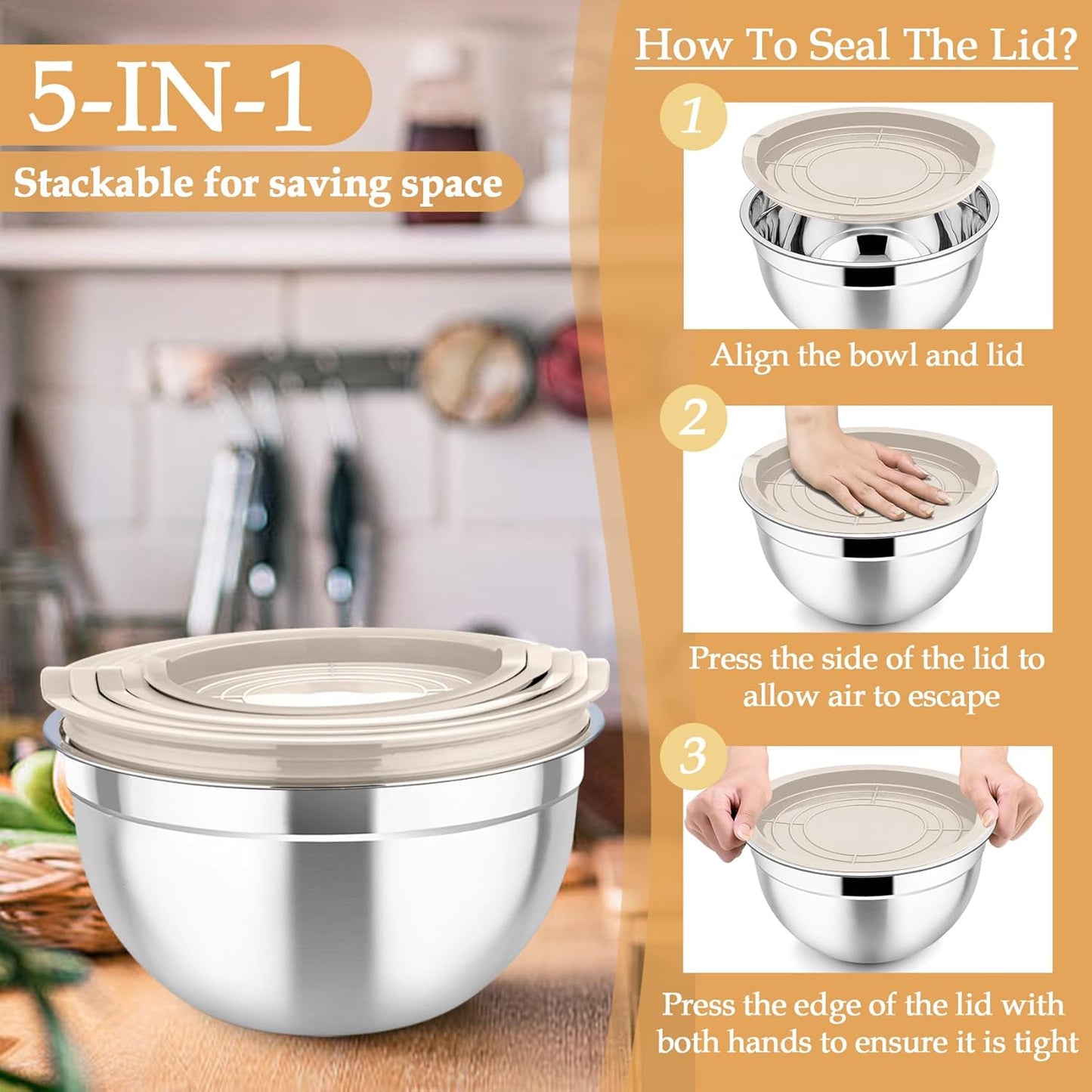 TeamFar Mixing Bowls, Stainless Steel Nesting Salad Bowls with Lids Set of 3 & 3 Grater Attachments, For Mixing/Serving/Storing, Non-toxic & Long-lasting, Size 4.6/3 / 1.5 QT, Khaki