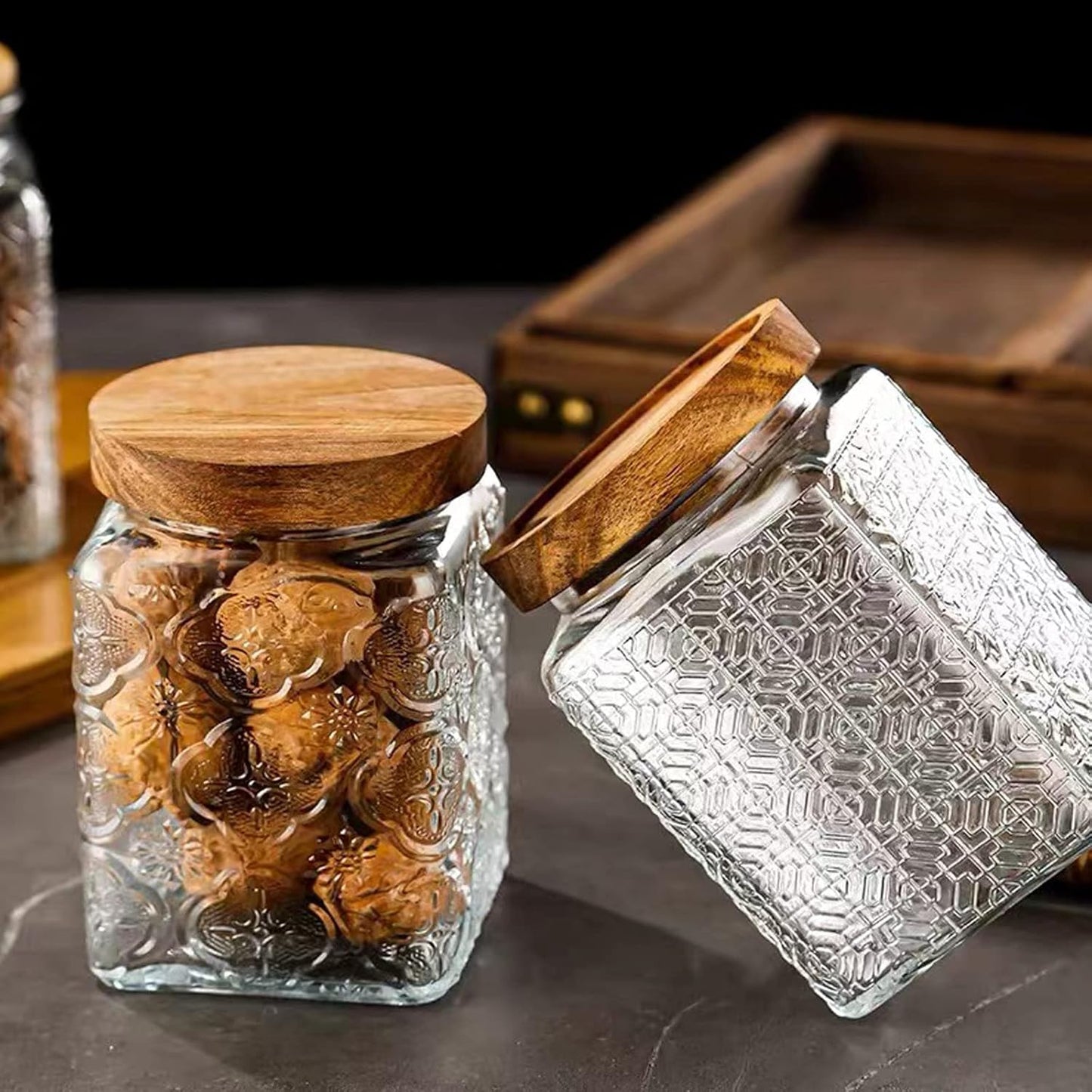 Snminetal Vintage Glass Airtight Storage Jar Set of 2, With Airtight Wood Lid, Kitchen Food Storage Containers,Suitable for storage Tea leaves,Coffee Beans,dried fruits, cereals, etc(Plum pattern)
