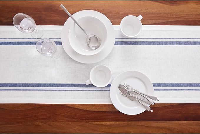 Solino Home Linen Table Runner 72 Inches Long - 100% Pure Linen Navy and White French Stripe Table Runner 16 x 72 Inch for Dining, Dresser