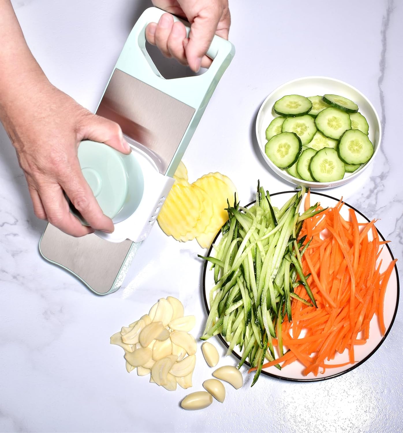 6-Blade Mandoline Slicer with Slide-On Hand Guard - Vegetable Slicer, Potato/Onion/Garlic Slicer, Kitchen Grater(Multi-Color) (Seafoam green, 6-in-1)