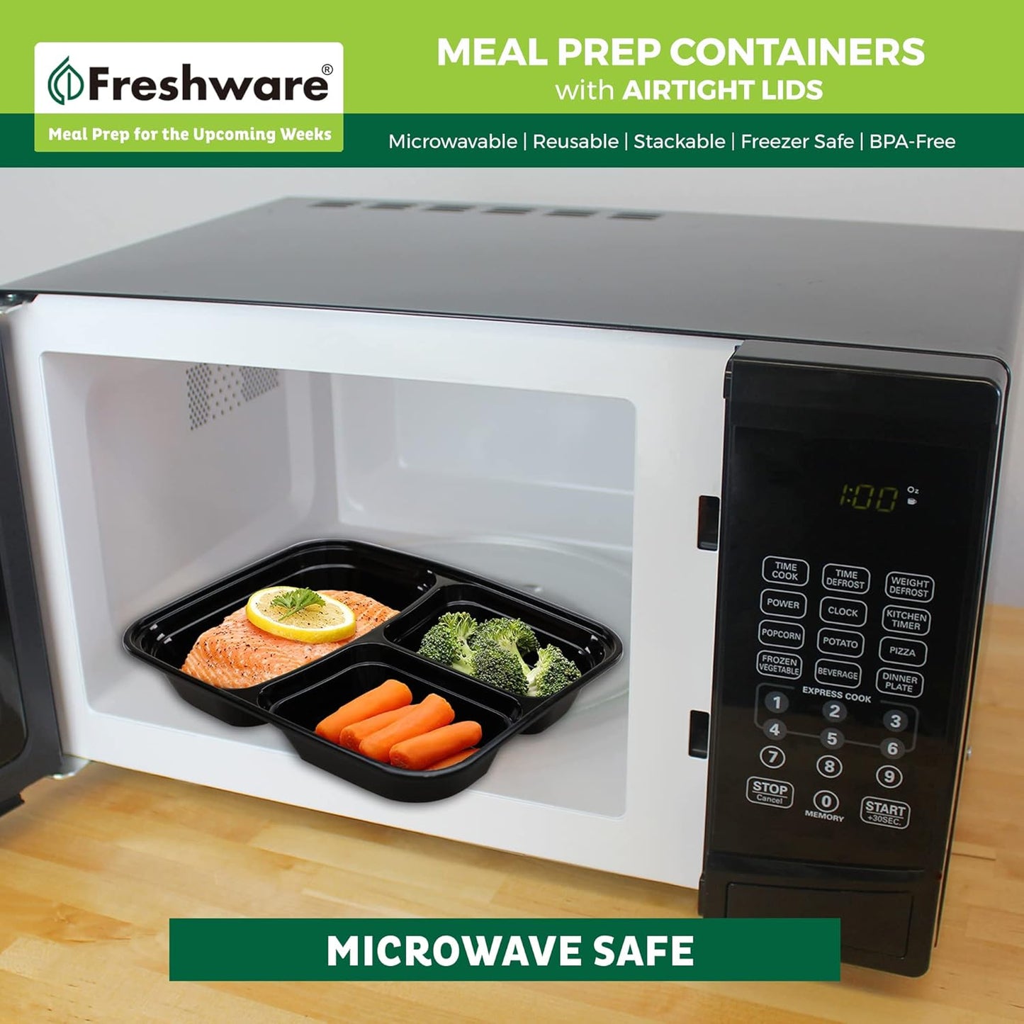 Freshware Meal Prep Containers 21 Count (Pack of 1), 3 Compartment with Lids, Food Storage Containers, Bento Box, Stackable, Microwave/Dishwasher/Freezer Safe (24 oz)