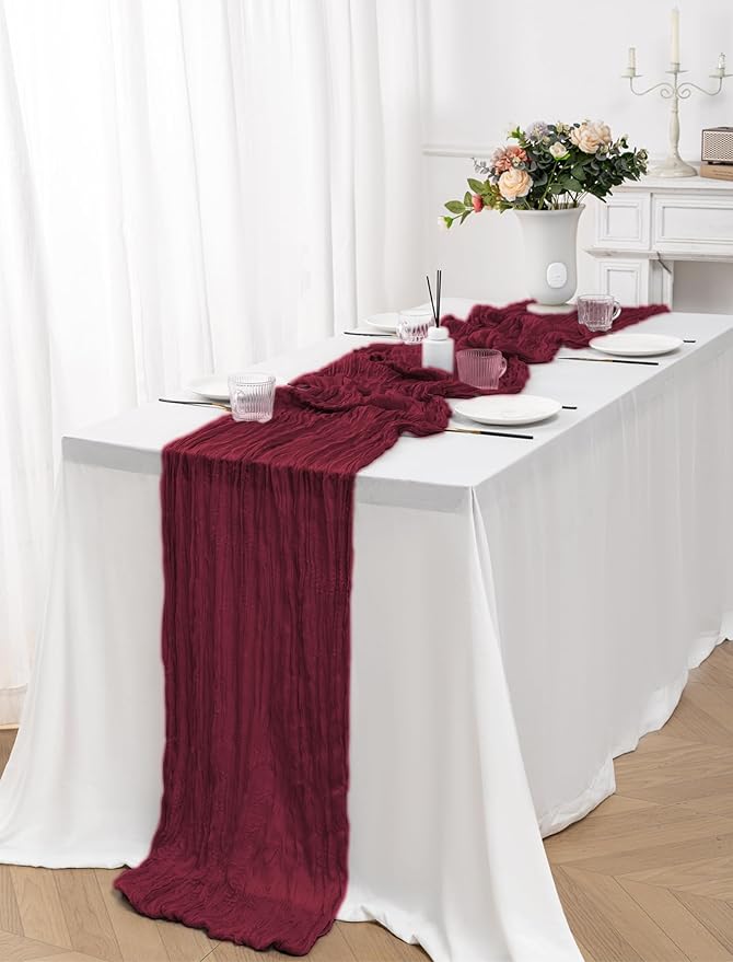 12 Pack Burgundy Table Runners 10FT Cheesecloth Table Runner 21 x 120 inch Boho Gauze Cheese Cloth Table Runner Rustic Sheer Table Runners for Party Wedding Bridal Baby Shower Birthday Table Decor