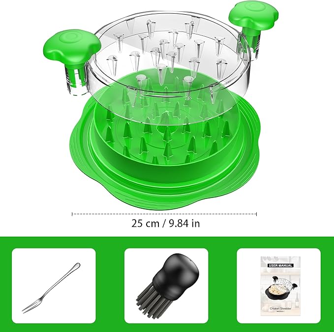 Chicken Shredder Large Chicken Breast Shredder Tool Twist with Brush&Fork, Visible Meat Shredder Machine, Strong Anti-Slip Strip, Ergonomic Handle, BPA Free, Suitable for Pork Beef Chicken(Green)