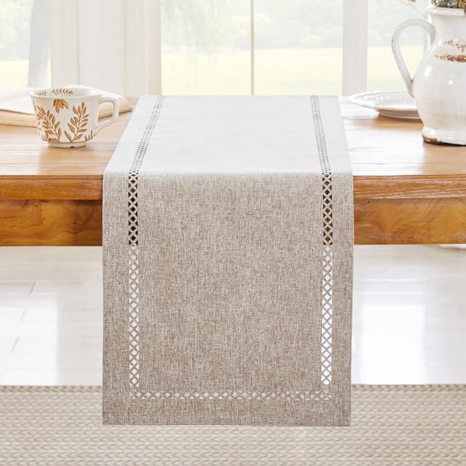 Burlap Style Farmhouse Table Runner, 13 x 72 Inch Coffee, Rustic Geometric Hollow Table Runners 72 Inches Long for Dresser Table Everyday Use, 13x72 Inches, Coffee