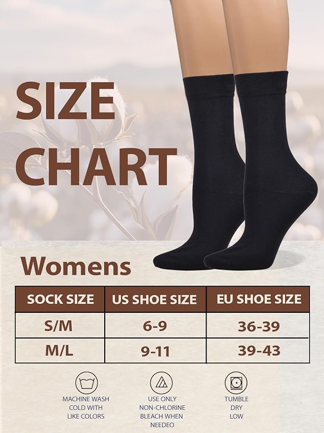 COTTON DAY Women's Soft Combed Cotton Dress Socks Seamless Toe Black White Gray Navy Blue Brown Beige