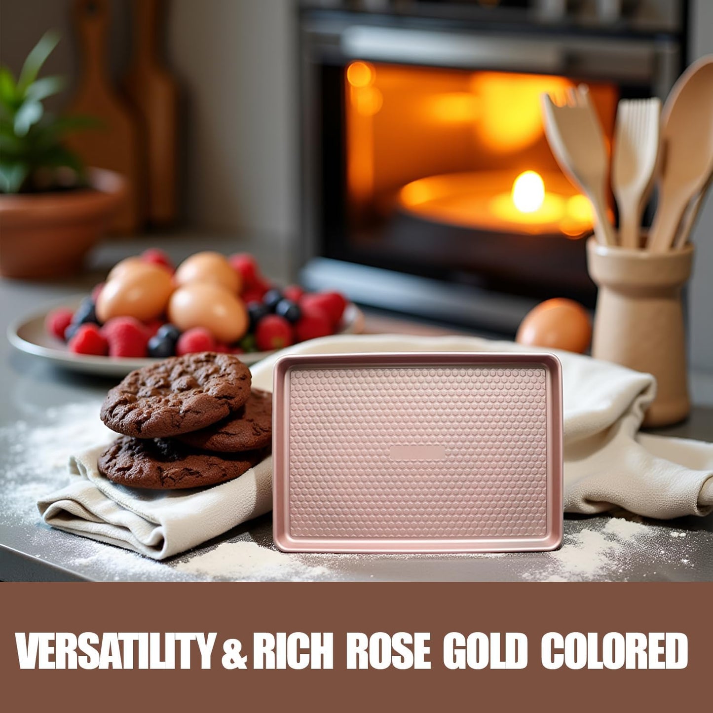 Large Baking Sheet Set (2 Pack) - Half Sheet Pan 17.7x12.2 Inch, 0.8mm Heavy Duty Carbon Steel, Nonstick & Warp Resistant Cookie Sheet for Baking, Roasting, Texture Pattern/Rose Gold