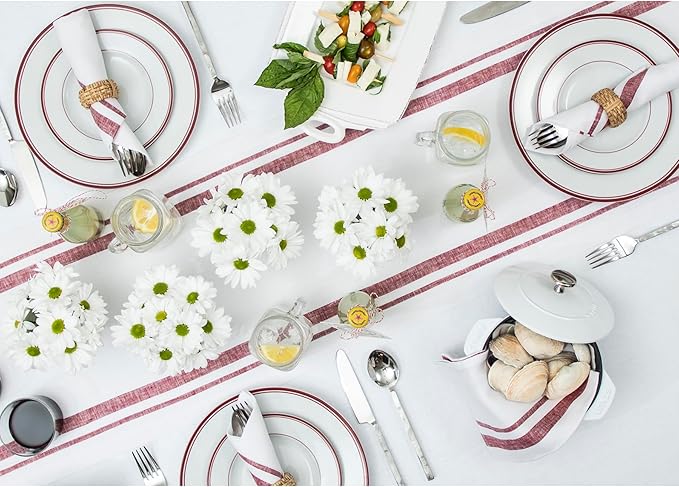 Solino Home Linen Table Runner 120 Inches Long - 100% Pure Linen Burgundy and White French Stripe Table Runner 14 x 120 Inch for Dining, Christmas, New Year