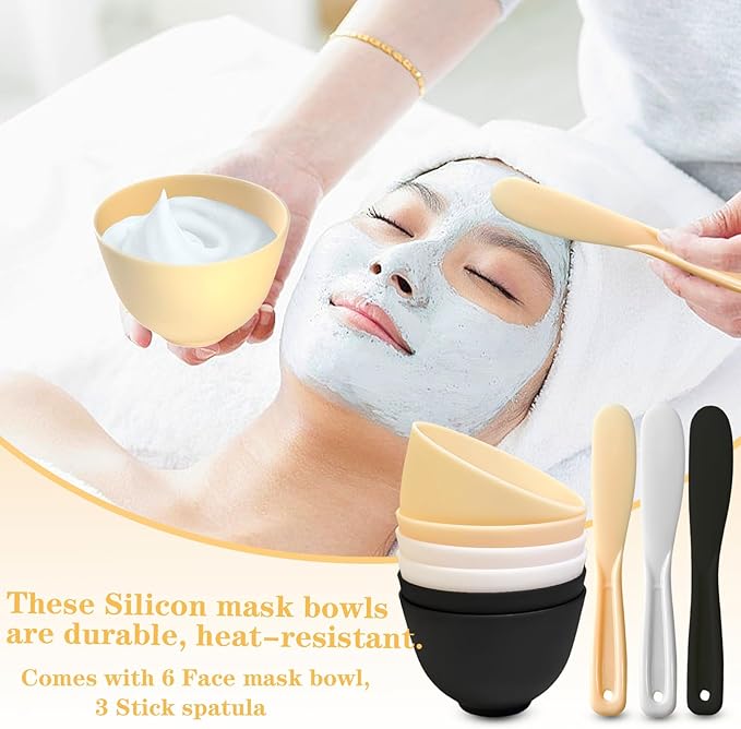 9Pcs Silicone Facial Mask Bowl DIY Face Mask Mixing Bowl for Home Salon Spa Face Skin Applicator Bowl with Stir Sticks, Black,White,Yellow