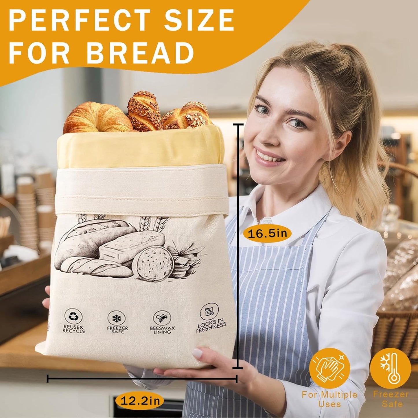 2-Pack Reusable Beeswax Bread Bags for Sourdough & Homemade Bread,Cotton Waxed Bags Keeps Fresh Longer(Ivory Loaf)