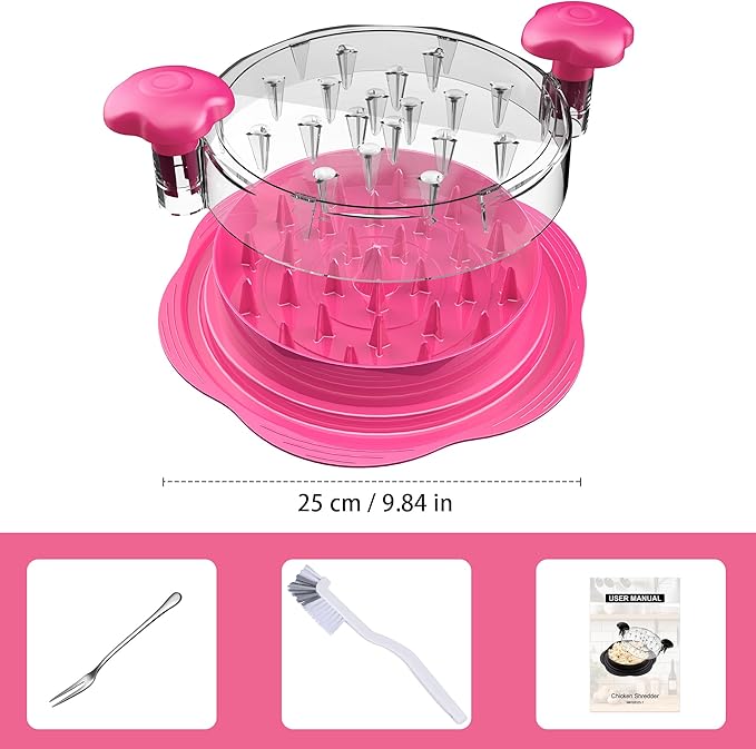 Chicken Shredder Large Chicken Breast Shredder Tool Twist with Brush&Fork, Visible Meat Shredder Machine, Anti-Slip Strip, Ergonomic Handle, BPA Free, Pork Beef Chicken(Hot Pink)
