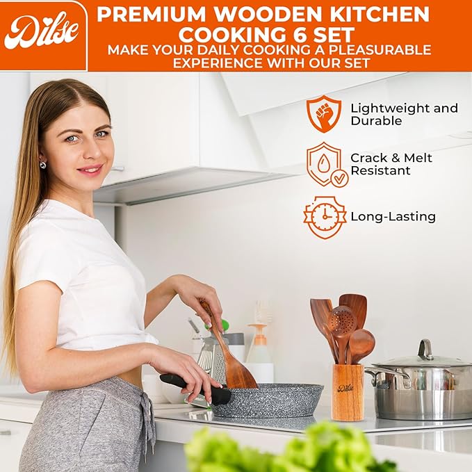 Wooden Kitchen Utensil Set, Cooking Spoons with Storage Holder, Non Stick, Heat Resistant and Lightweight, 7 Pcs Set, Teak Wood