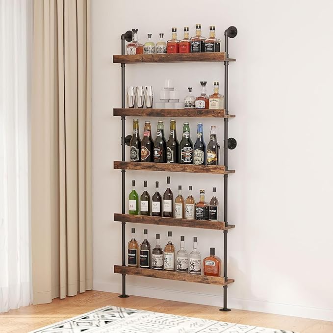 5-Tier Wall Mounted Wine Rack, Industrial Pipe Bar Shelf for Wine Bottle Storage, Industrial Pipe Shelves Shelf Shelving for Home Bar Dining Room Kitchen (23.6" W x 79" H x 8.6" D)