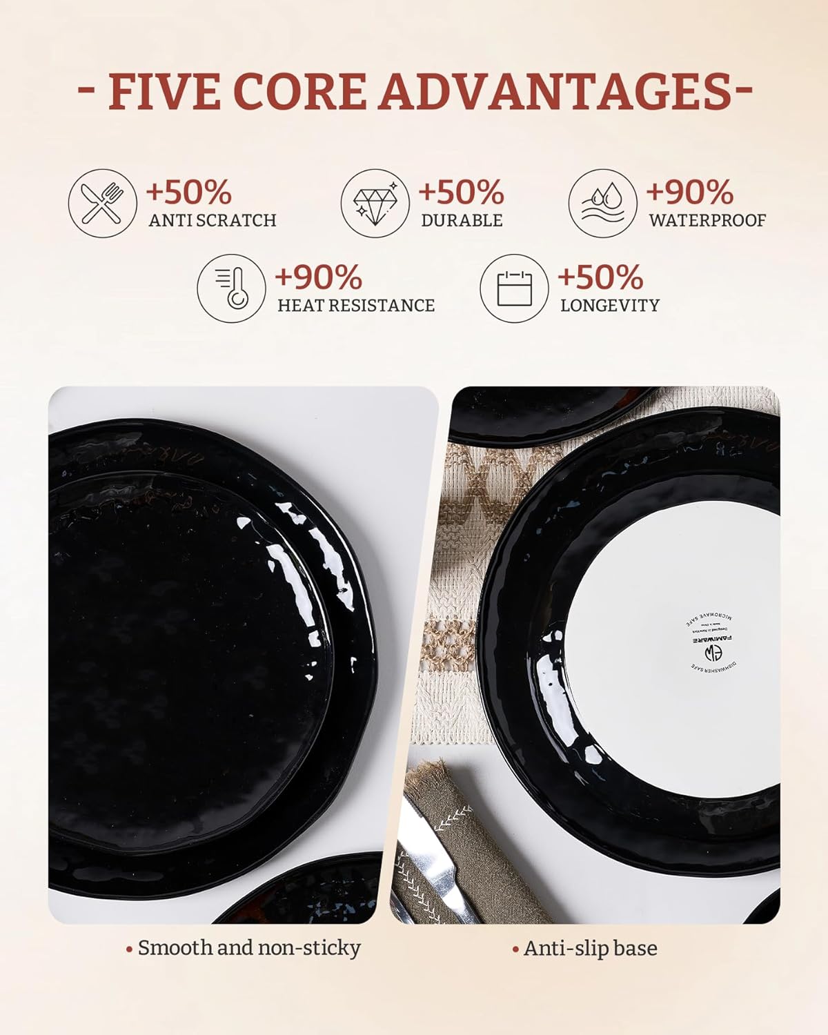 Famiware Porcelain kitchen plates and bowls set, Modern dishes set for 4, Handmade Wave Edge Dinnerware Sets, Microwave and Dishwasher Safe Tableware, Glossy-black (16pc)