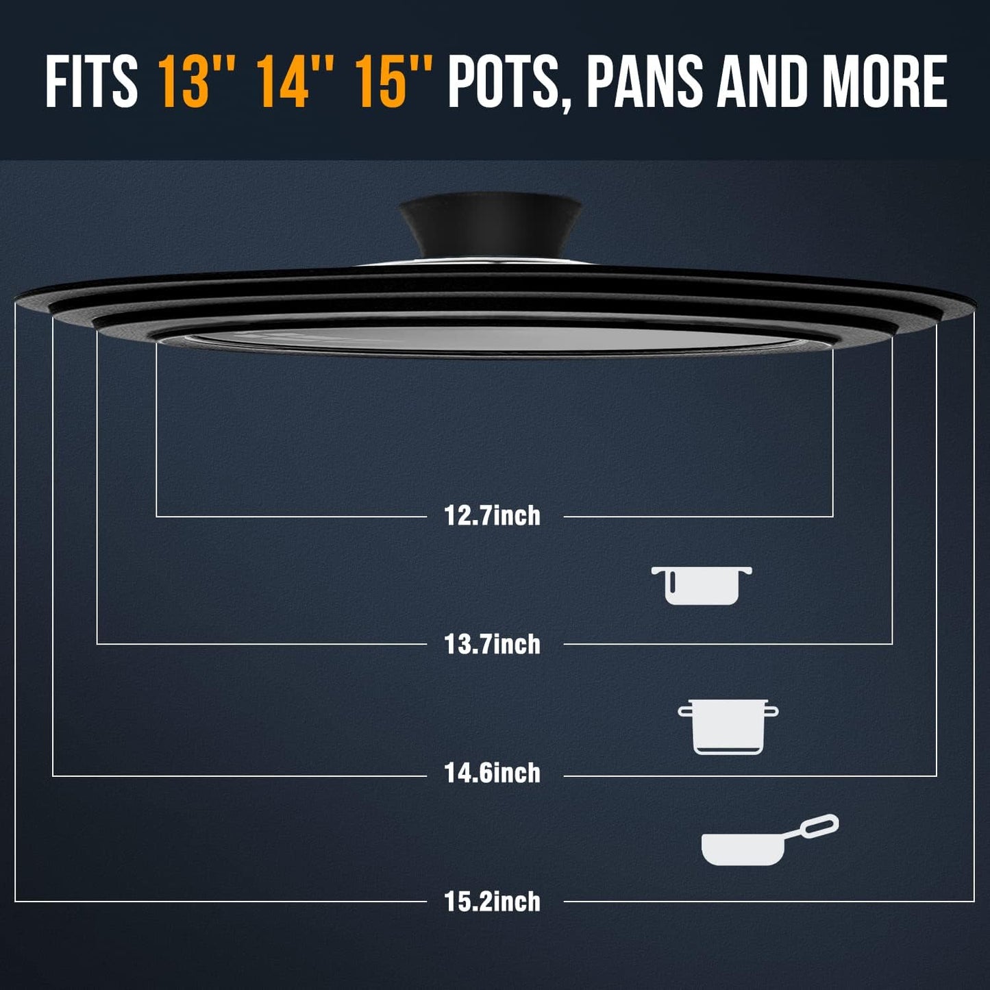 Walfos Universal Lid for Pots, Pans and Skillets - Tempered Glass with Heat Resistant Silicone Rim, Fits 13", 14" and 15" Diameter Cookware