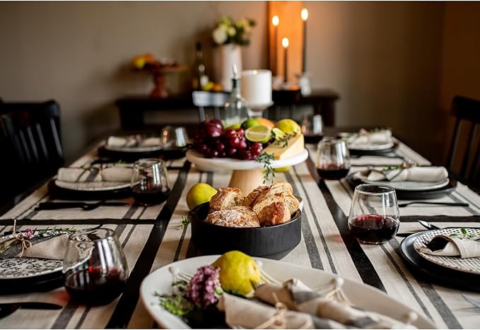 Solino Home Linen Table Runner 72 Inches Long - 100% Pure Linen Black and Natural French Stripe Table Runner 14 x 72 Inch for Dining, Dresser, Holiday