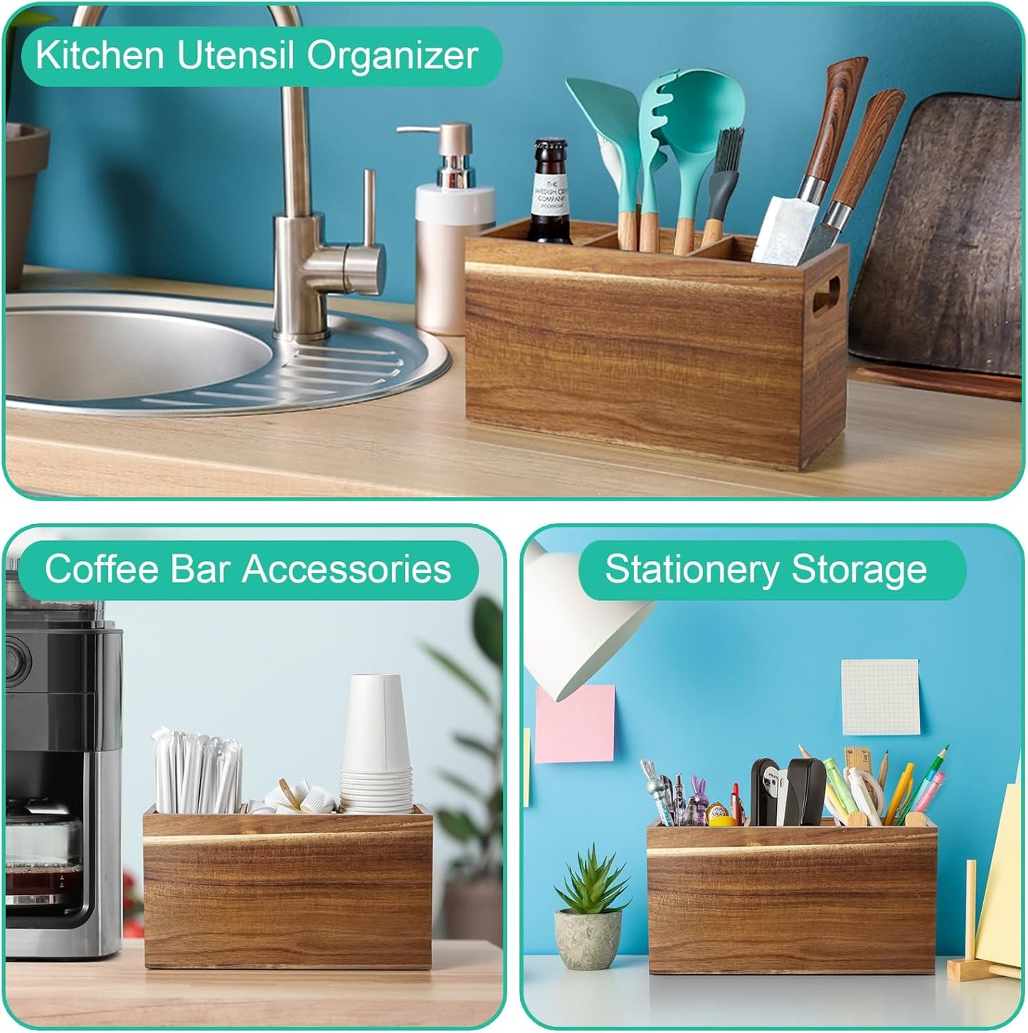 ALELION Acacia Wood Utensil Holder Organizer for Counter - Large Wooden Utensil Caddy for Countertop - 3 Compartment Cooking Tool Holder for Spatula - for Farmhouse Kitchen Decor and Accessories