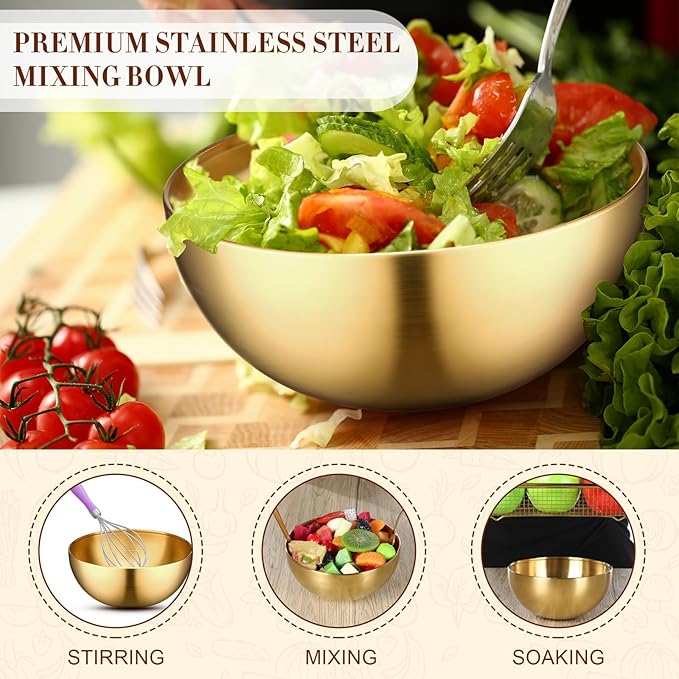 Nuogo 6 Pcs Stainless Steel Gold Mixing Bowls Christmas Gold Esthetician Bowls for Christmas First Holy Communion Wedding Party Facial Cereal Rice Noddle Fruit Cooking Baking Serving